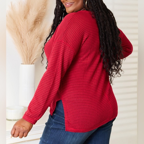 NEW Culture Code PLUS + REG Size Red V-Neck Oversized Waffle Knit Top - Picture 8 of 10